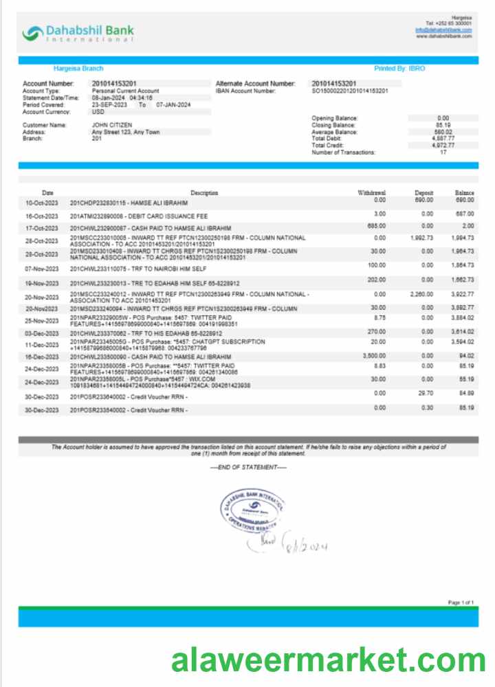 Somalia Dahabshil Bank International bank statement Word and PDF template
